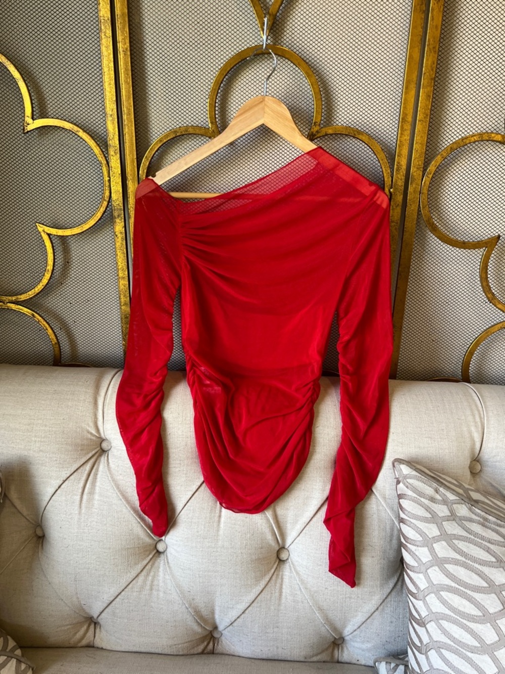 Red Long Sleeve Draped Bodysuit